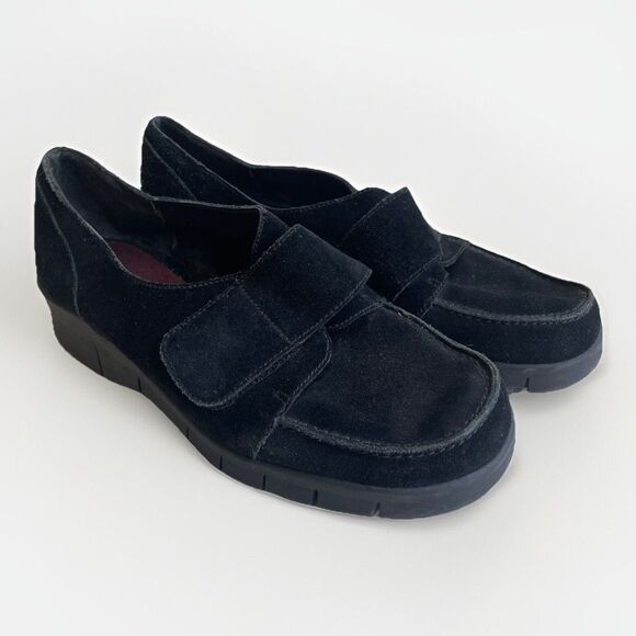 Aerosoles Black Suede Leather Chunky Loafers 8 Womens Cargo Slip Ons Hook & Loop - Picture 1 of 12